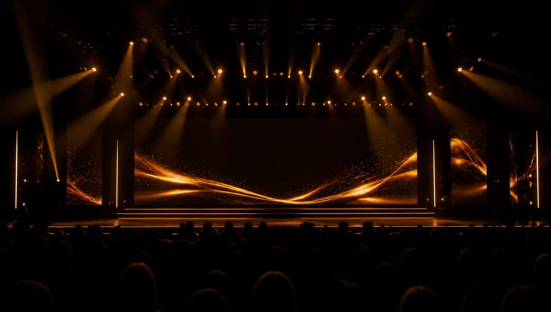 Concert stage with gold lighting beams and an LED wall